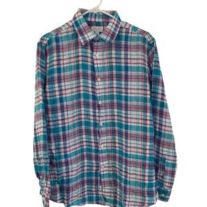 Club Room Luxury Mens Medium 100% Linen Plaid Button Down Shirt Teal Pink